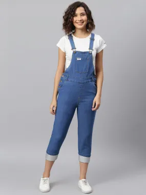 NaughtyDungaree® Women Denim Dungaree with Platinum Faux Leather Bottom Hem-Fold