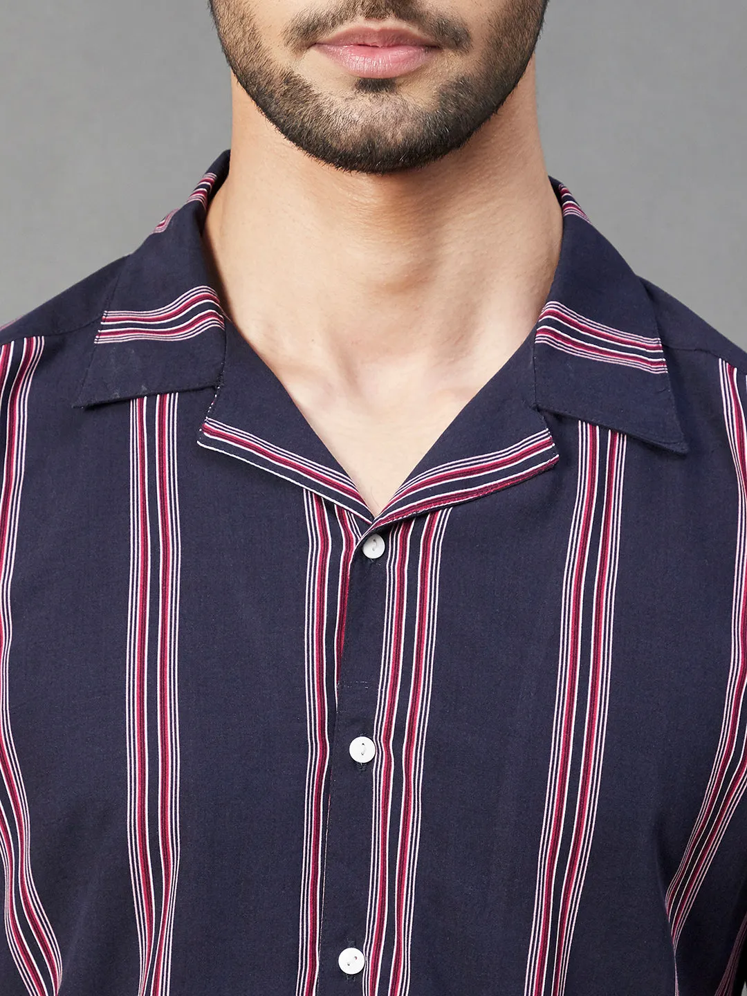 Navy Multi Stripe Cuban Collar Half Sleeve Rayon Shirt