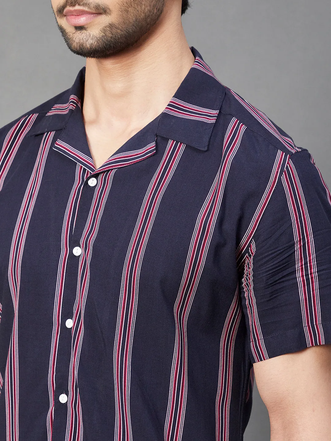 Navy Multi Stripe Cuban Collar Half Sleeve Rayon Shirt