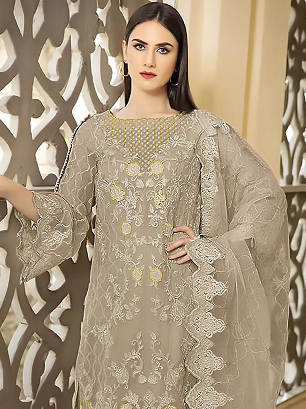 Odette Beige Georgette Embroidered Semi stitched Kurta Set For Women