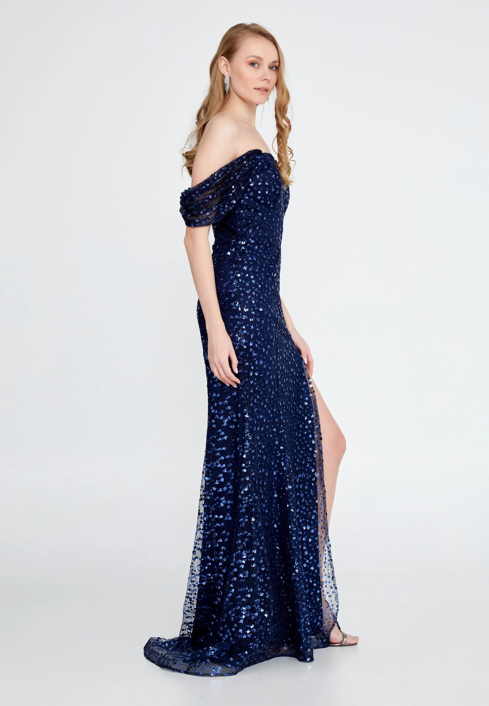 Off Shoulder Maxi Sequin Mermaid Regular Navy Evening Dress - Navy