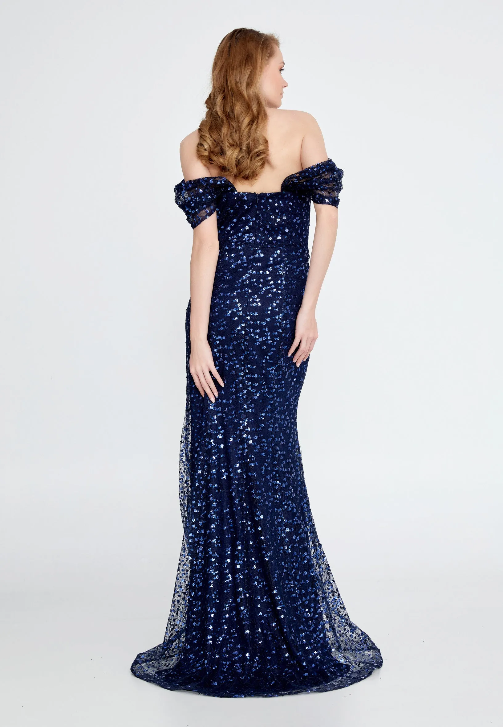 Off Shoulder Maxi Sequin Mermaid Regular Navy Evening Dress - Navy