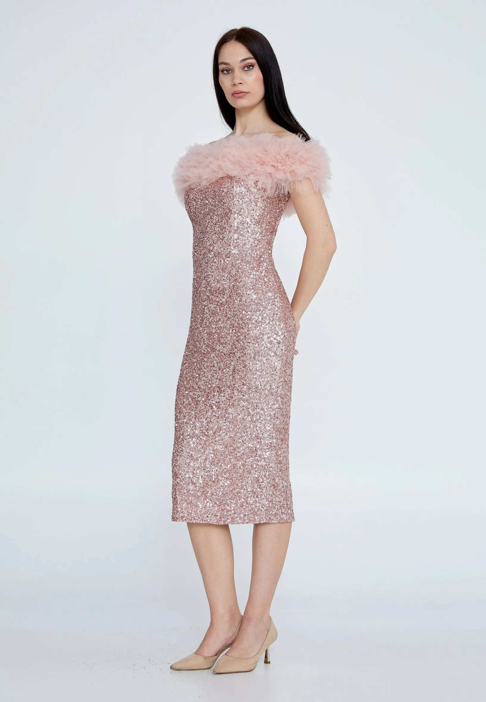 Off-Shoulder Midi Sequin Column Cocktail Dress - Rose Gold