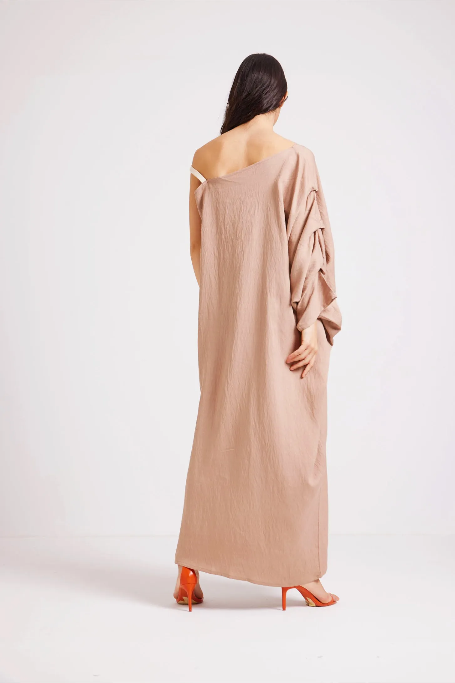 ONE SHOULDER KAFTAN DRESS - BEIGE