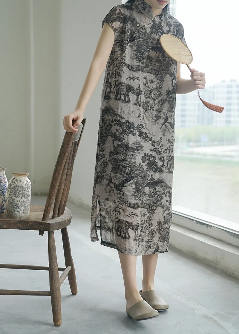 Oriental Print Cheongsam Dress