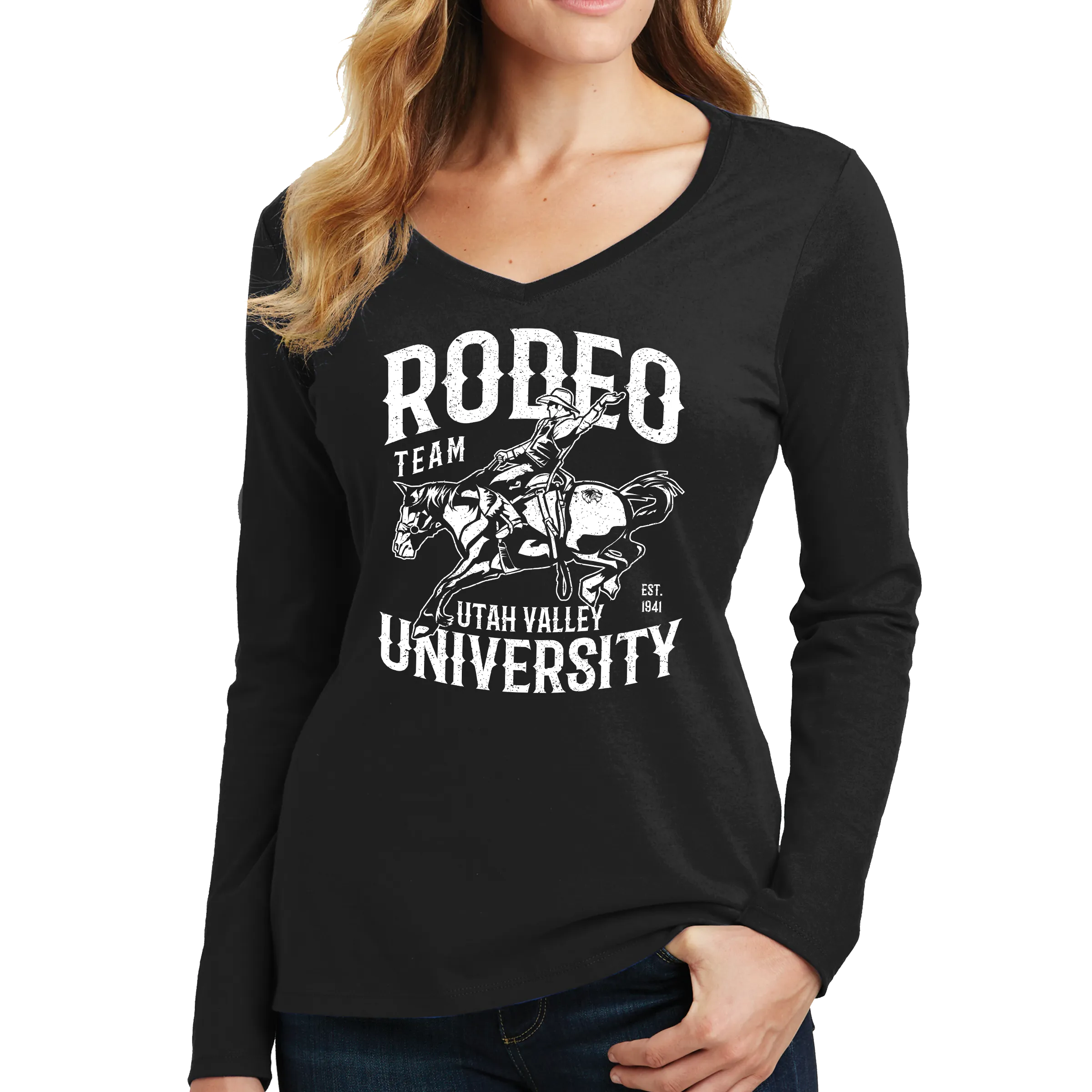 Port & Company Ladies Long Sleeve Fan Favorite V-Neck Tee - UVU Rodeo