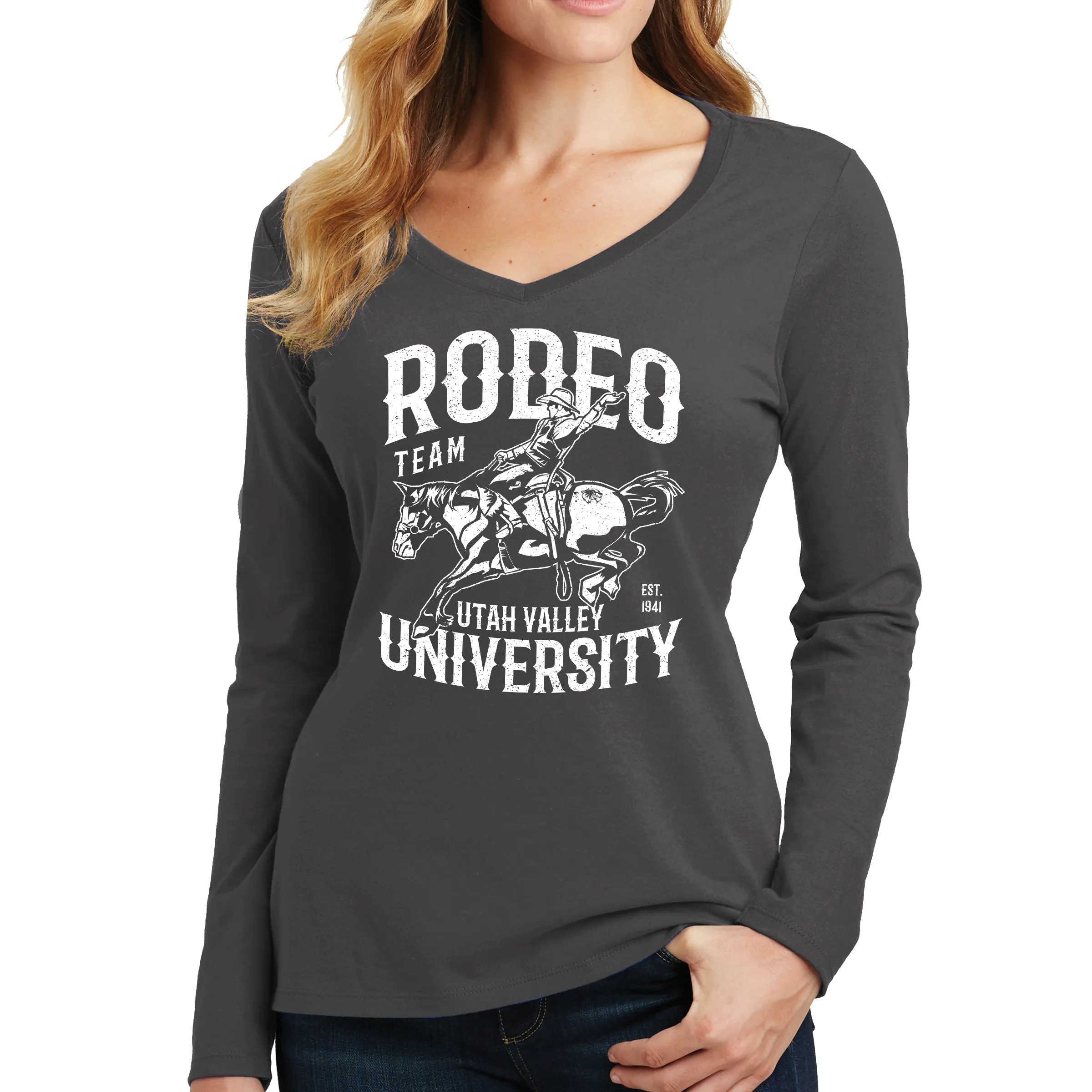 Port & Company Ladies Long Sleeve Fan Favorite V-Neck Tee - UVU Rodeo