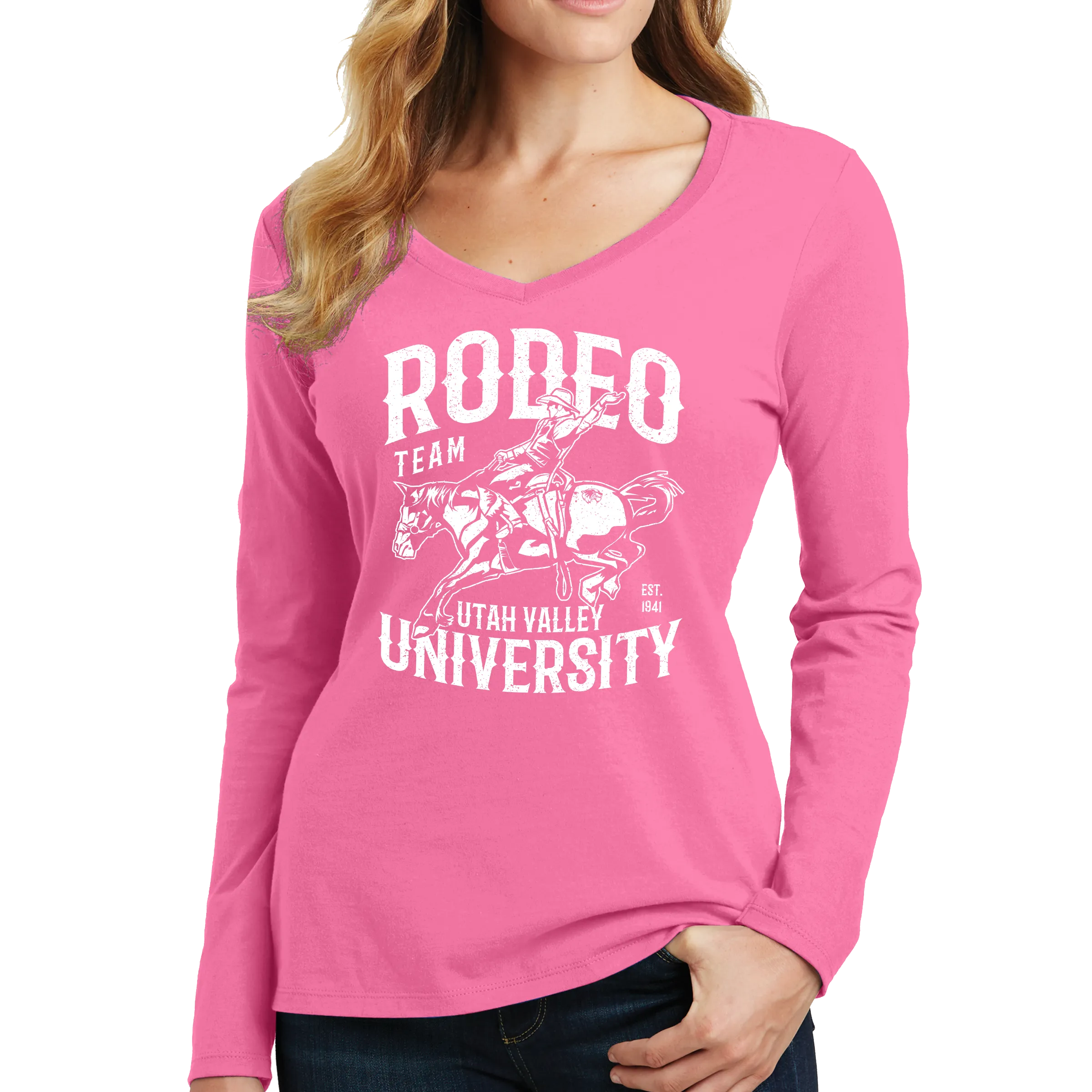 Port & Company Ladies Long Sleeve Fan Favorite V-Neck Tee - UVU Rodeo