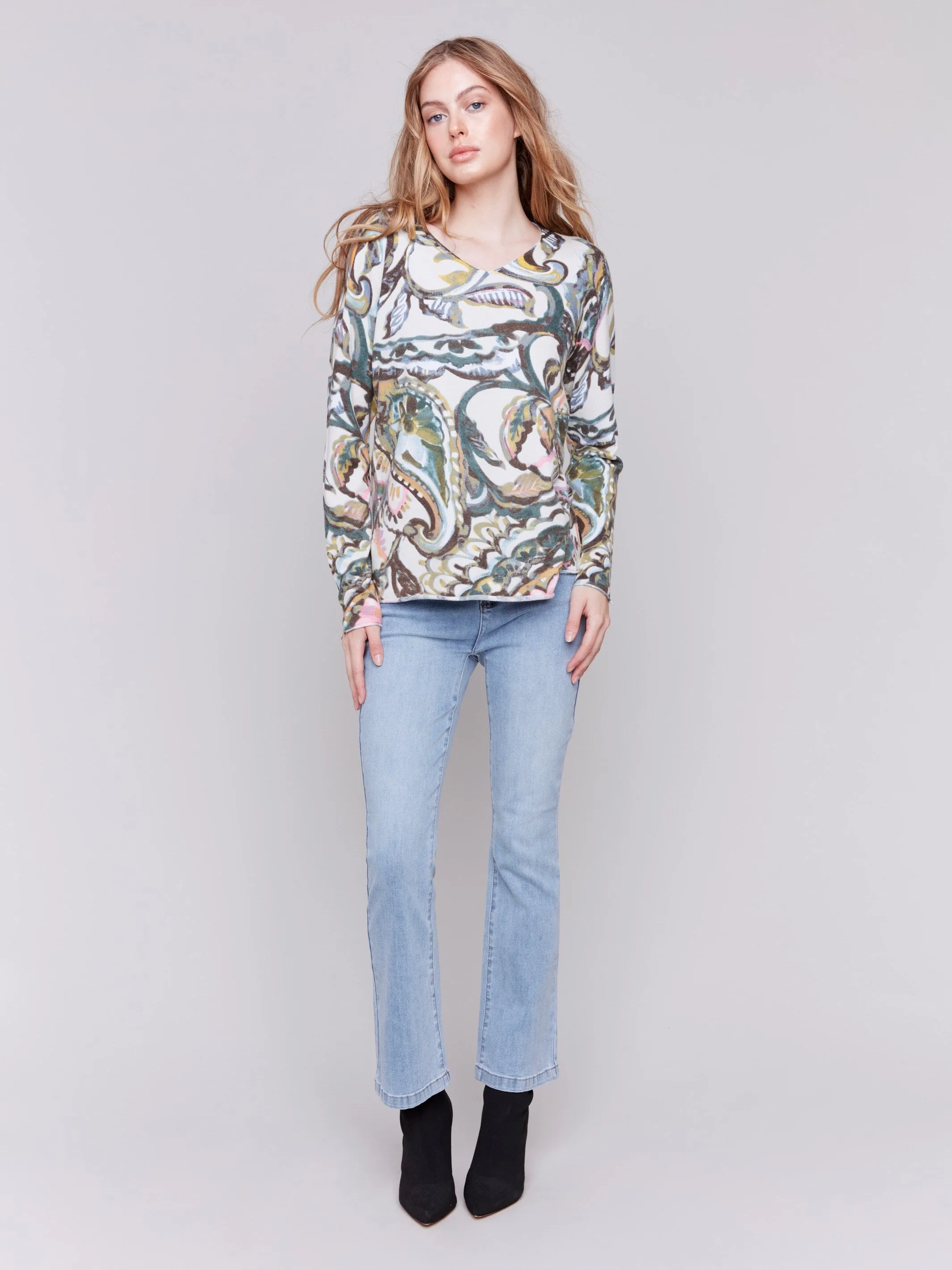 Printed V-Neck Sweater - Peacock