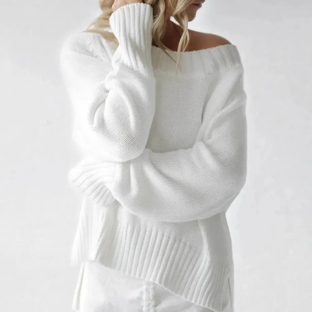 Recycled cotton boatneck sweater in white by Seaside Tones