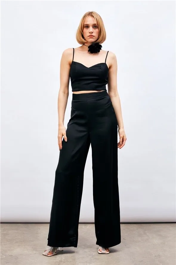 Satin Crop Top  with String Straps - Black