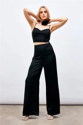 Satin Crop Top  with String Straps - Black