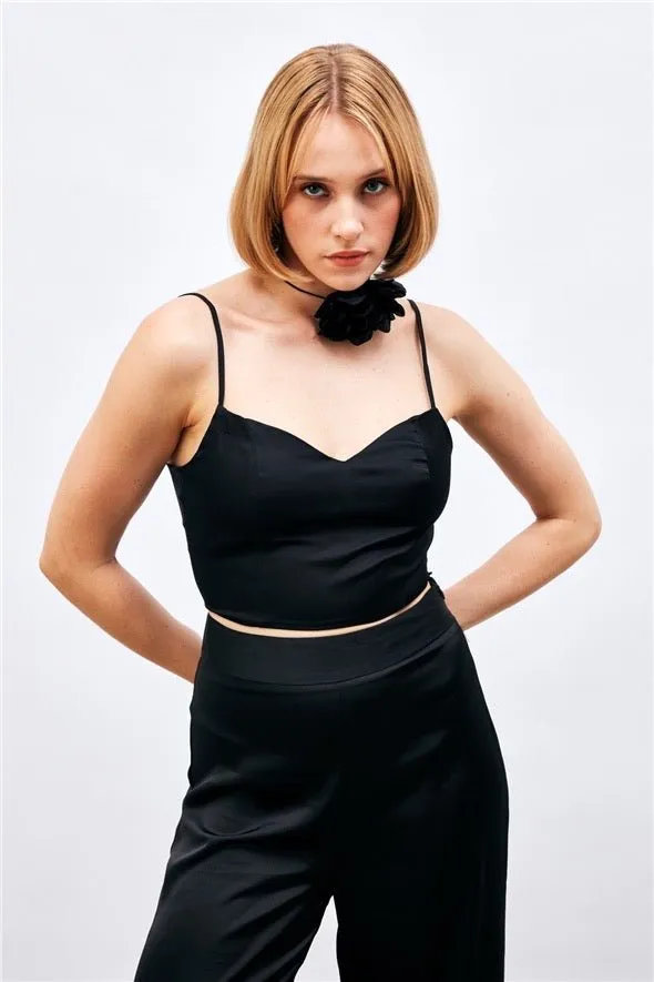 Satin Crop Top  with String Straps - Black