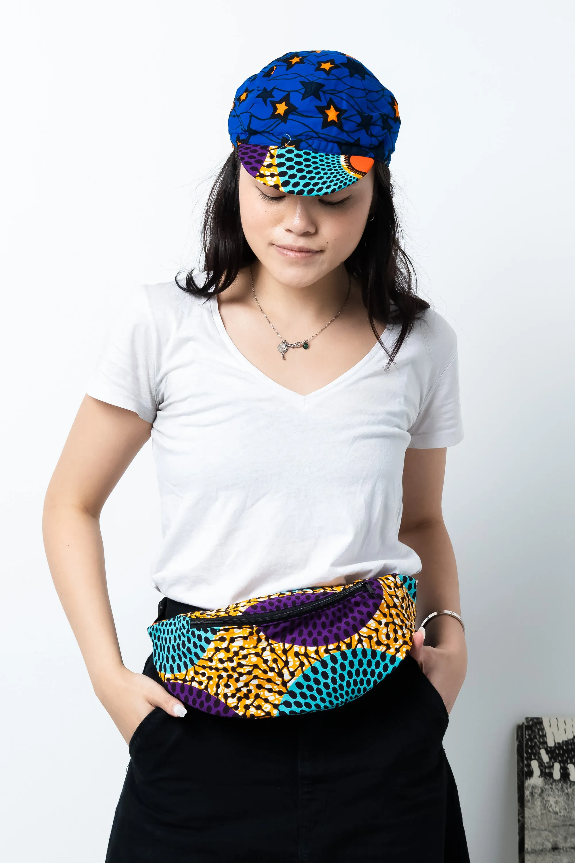 Seye Waistbag -  Cyan Purple and Orange Water Well African Ankara Wax Cotton Print -2