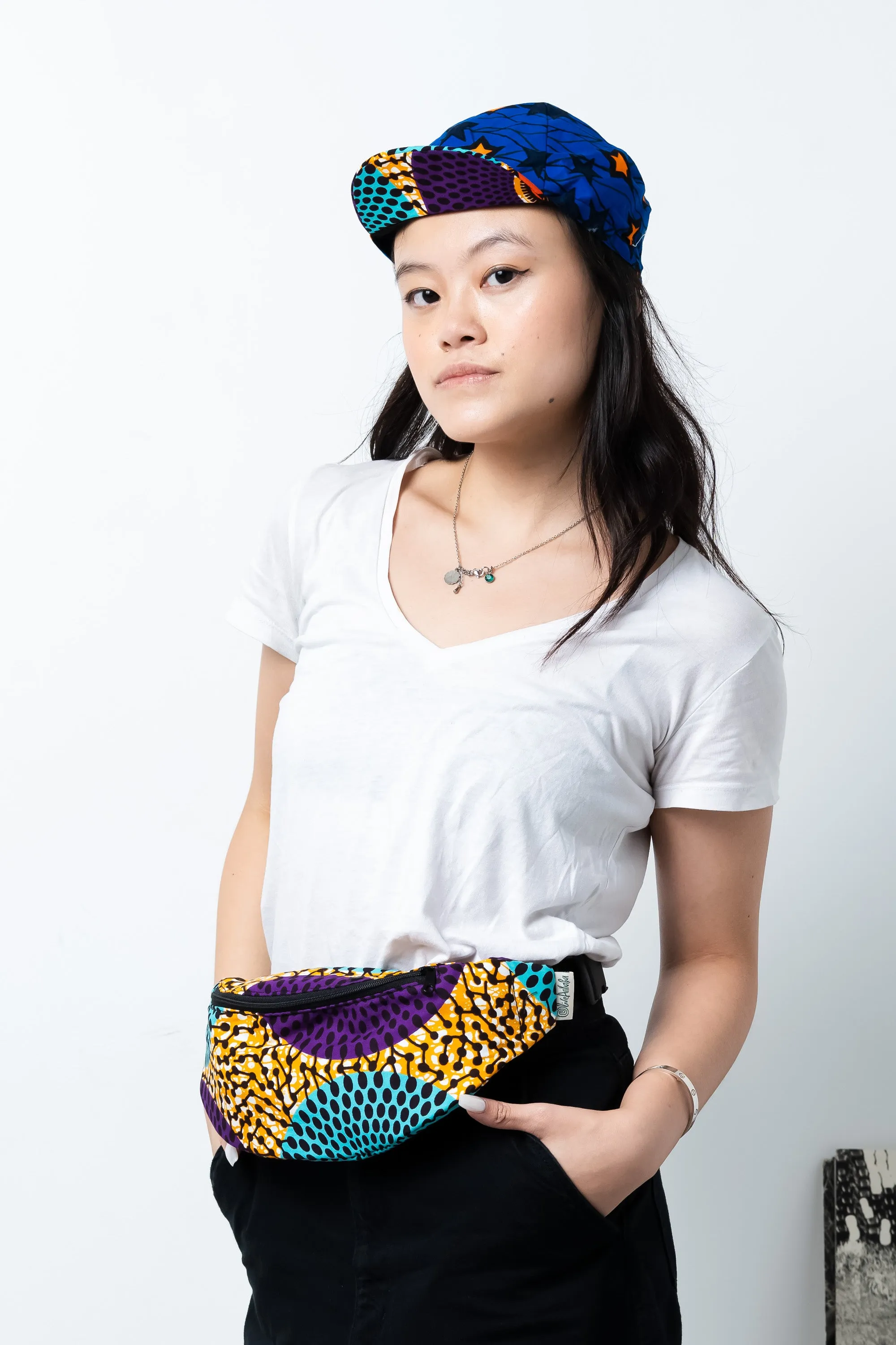 Seye Waistbag -  Cyan Purple and Orange Water Well African Ankara Wax Cotton Print -2