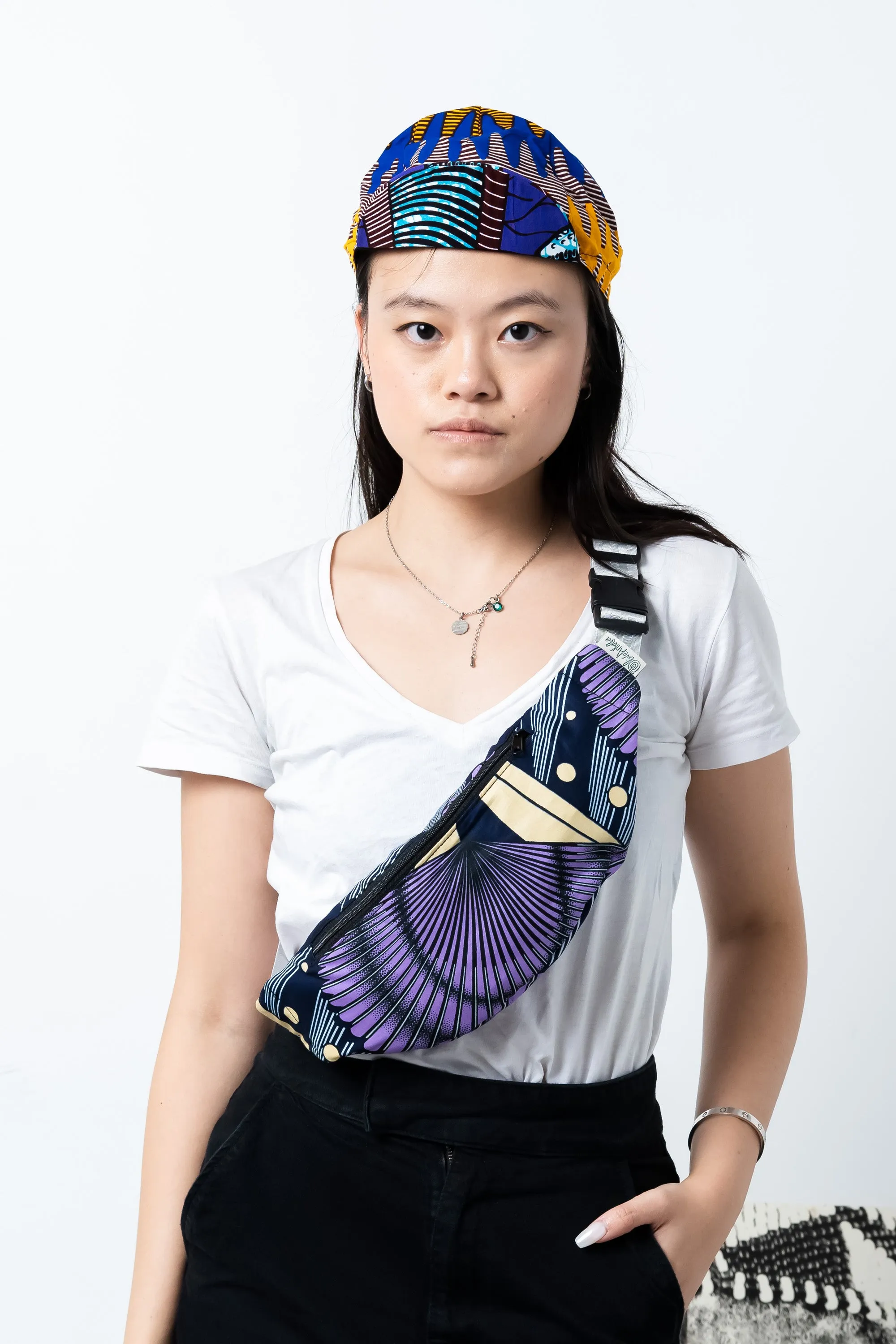 Seye Waistbag - Purple Beige Black and Silver African Ankara Wax Cotton Print - 17