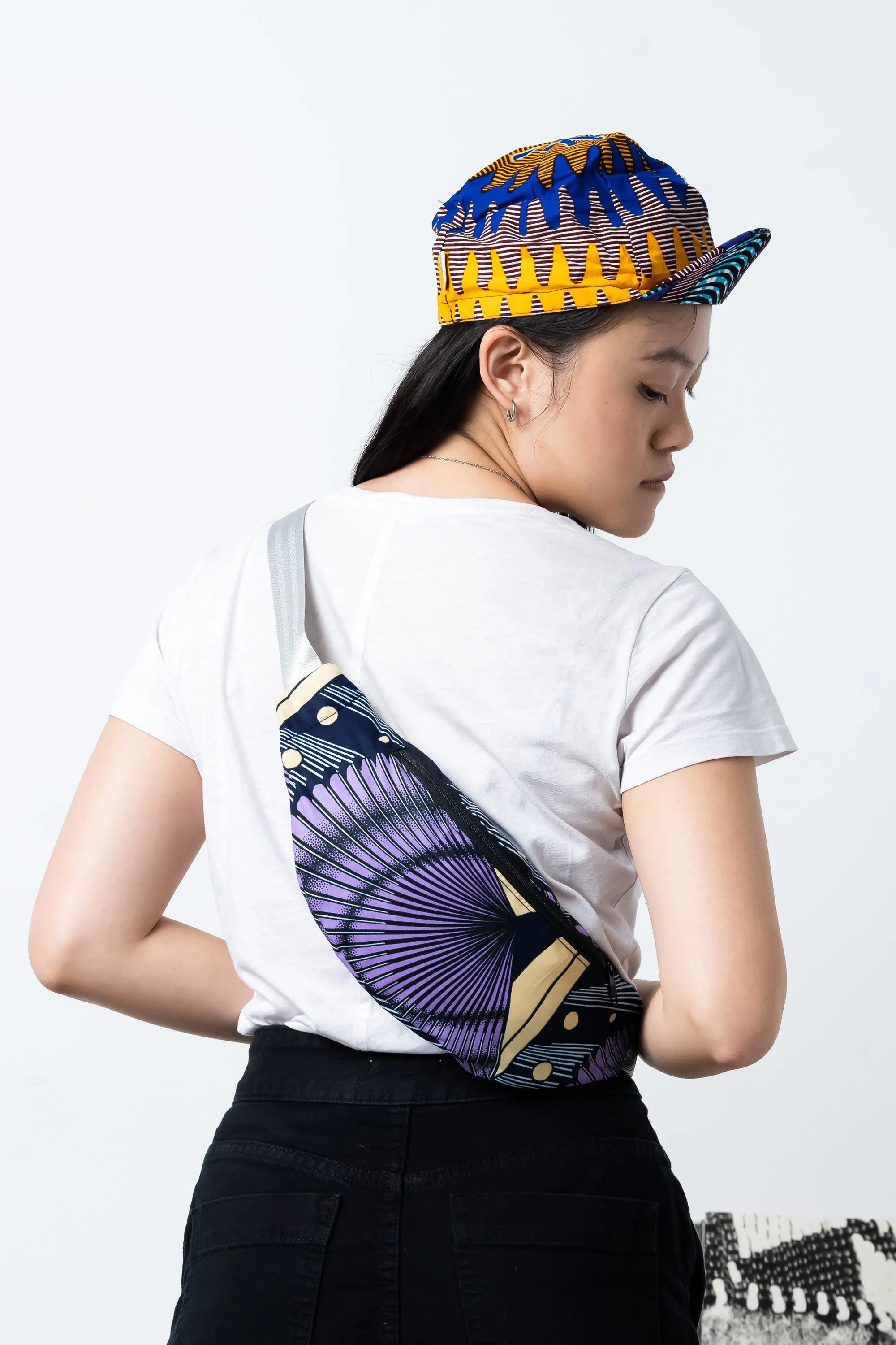 Seye Waistbag - Purple Beige Black and Silver African Ankara Wax Cotton Print - 17