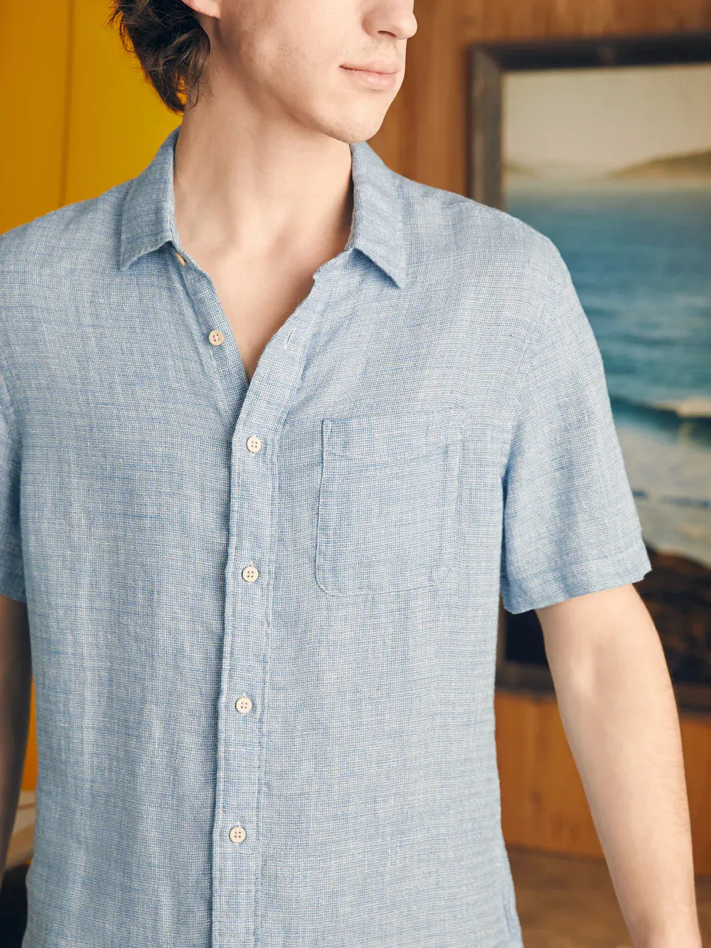 Short Sleeve Palma Linen Shirt - Blue Basketweave