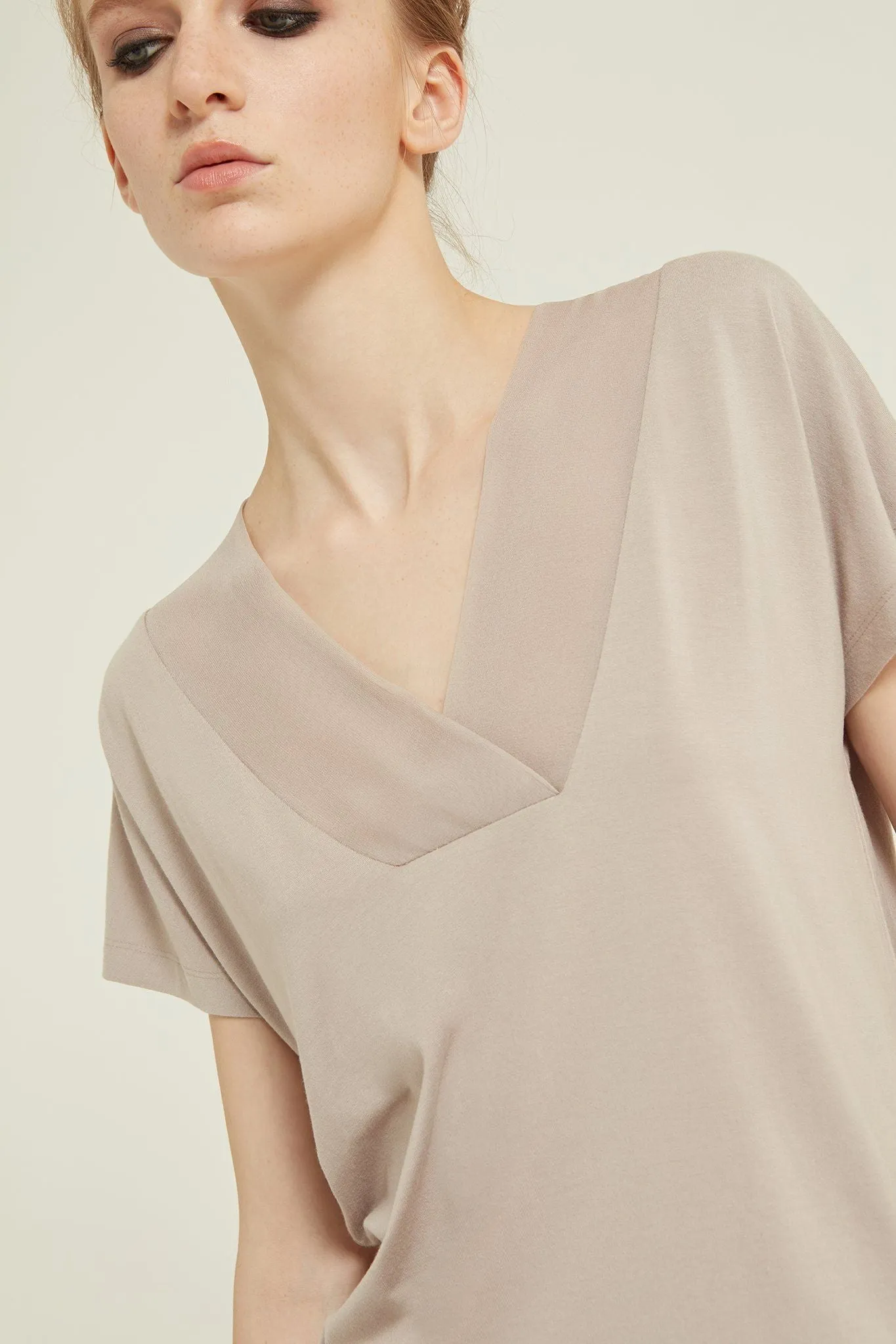 Silk-Panelled Cotton-Blend V-Neck Top