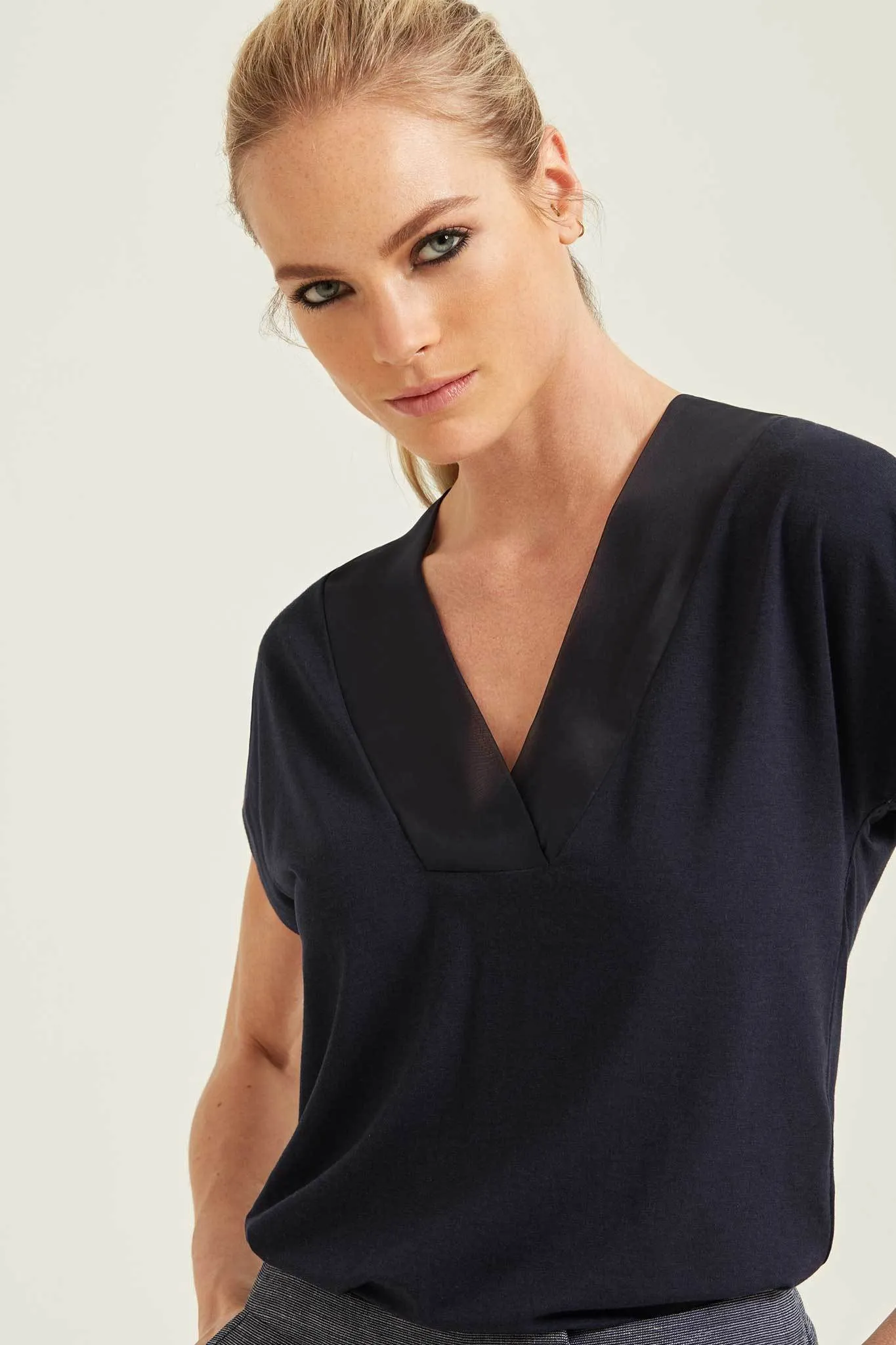 Silk-Panelled Cotton-Blend V-Neck Top