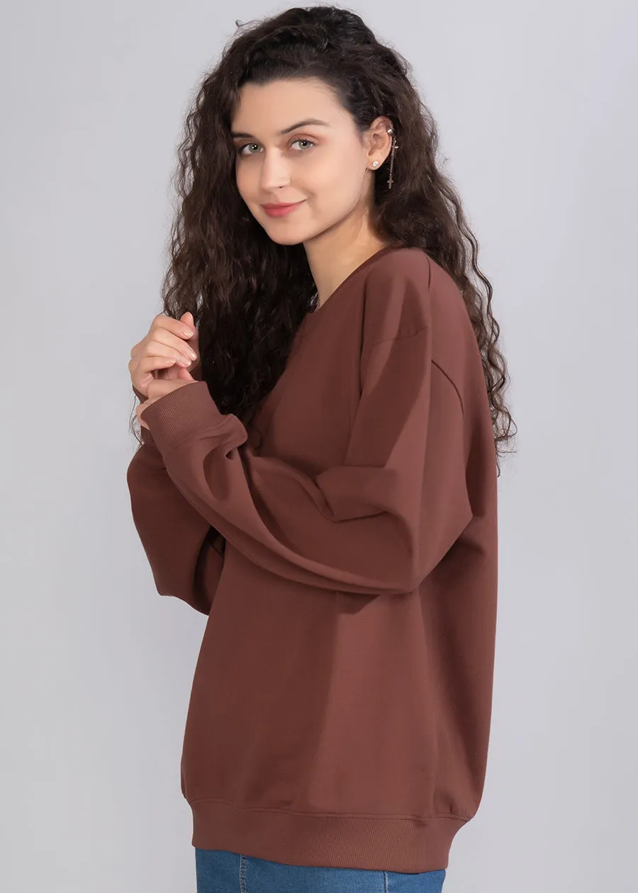 Solid Cocoa Women Drop Shoulder Loose Fit Sweatshirt | Pronk