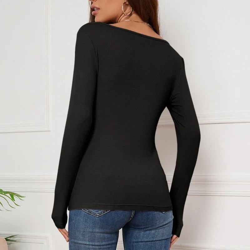 Solid Color Ken Stripe V-neck Buttons Long Sleeve T-shirt Slim Fit Bottoming Top Women