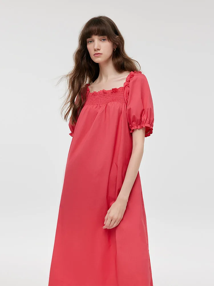 Square Neck Puff Sleeves Women Midi Dress