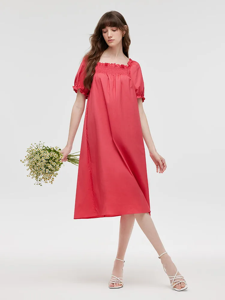 Square Neck Puff Sleeves Women Midi Dress