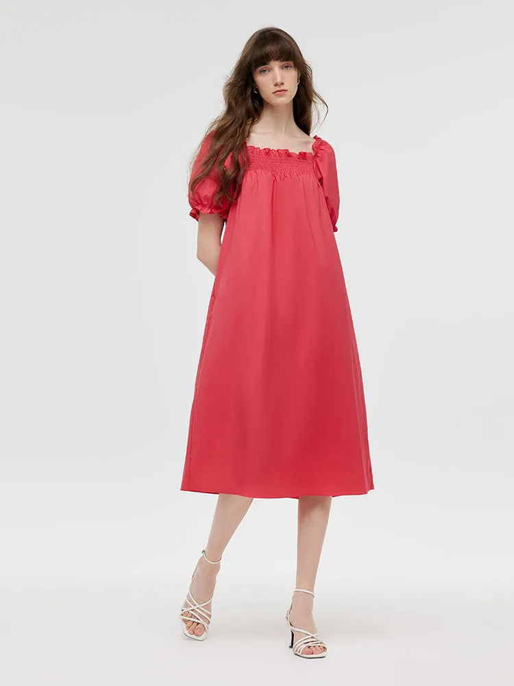 Square Neck Puff Sleeves Women Midi Dress