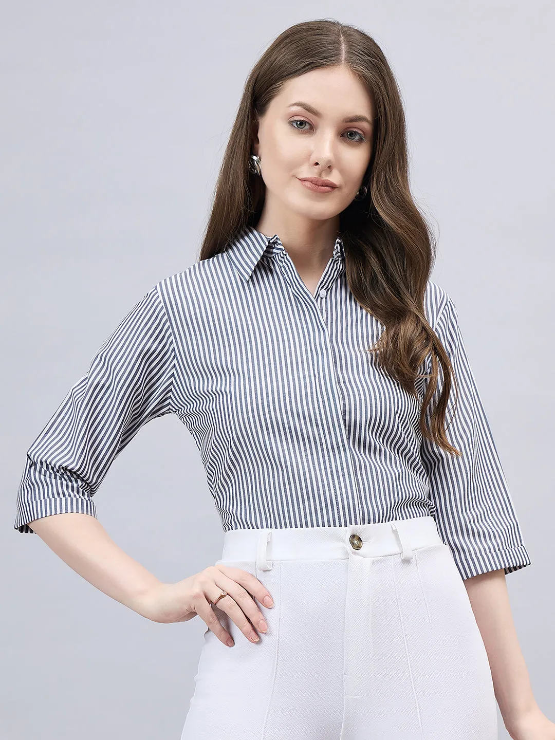 Style Quotient Women Black And White Stripe Polycotton Regular Fit Formal Shirt