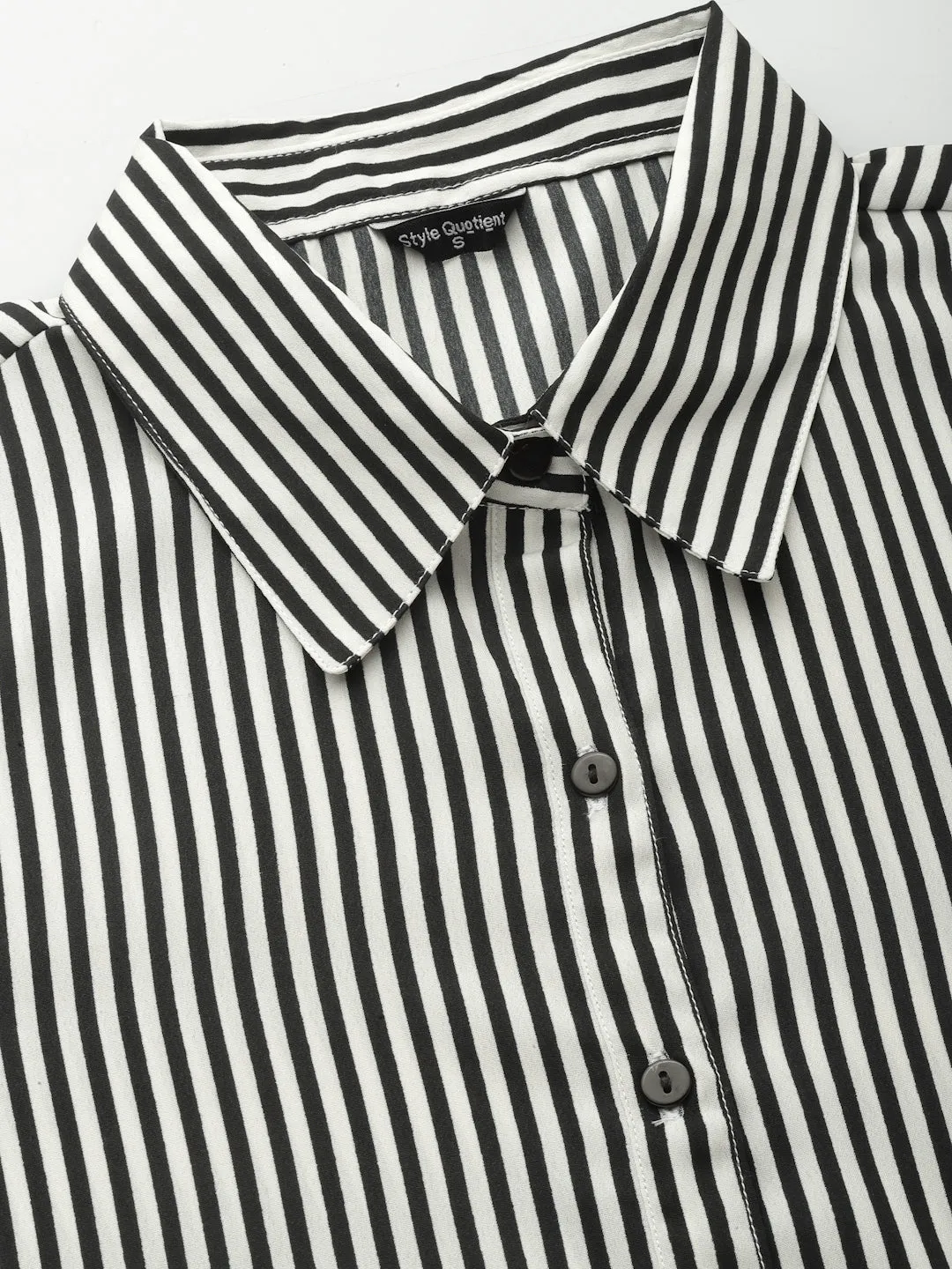 Style Quotient Women Black And White Stripe Polyester Regular Semi Formal Shirt