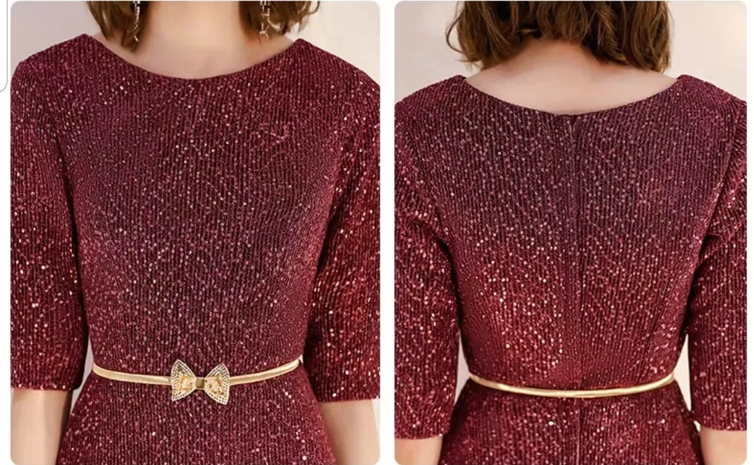 The Dianthe Short Sleeve Wine Red Sequined Dress