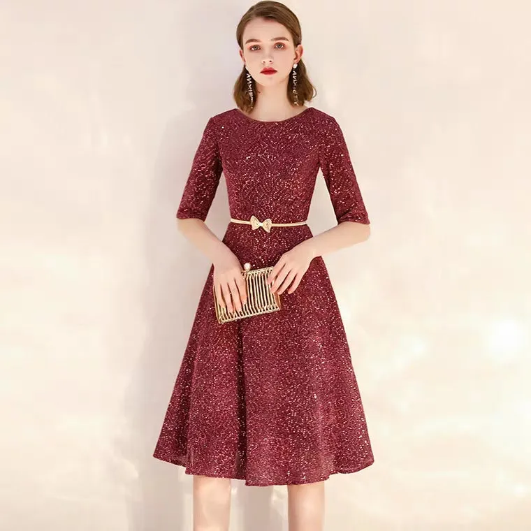 The Dianthe Short Sleeve Wine Red Sequined Dress