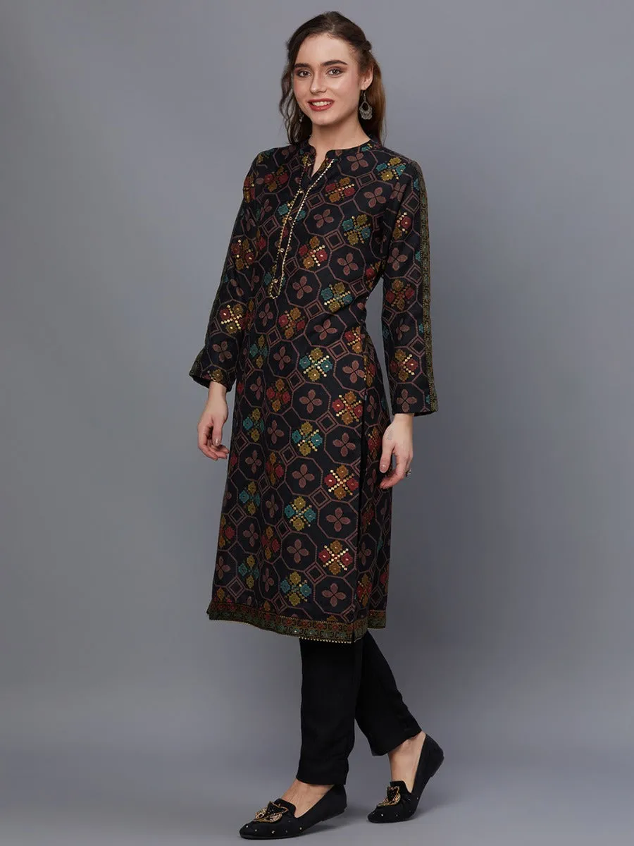 Women Black Pashmina Kurta Trouser With Shawl