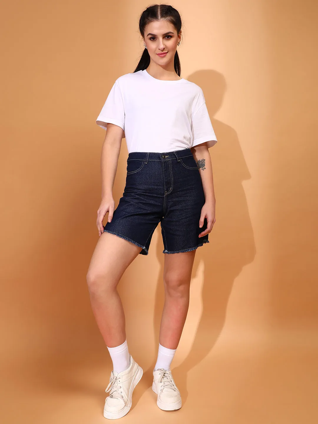 Women Denim Solid Dark Blue Shorts