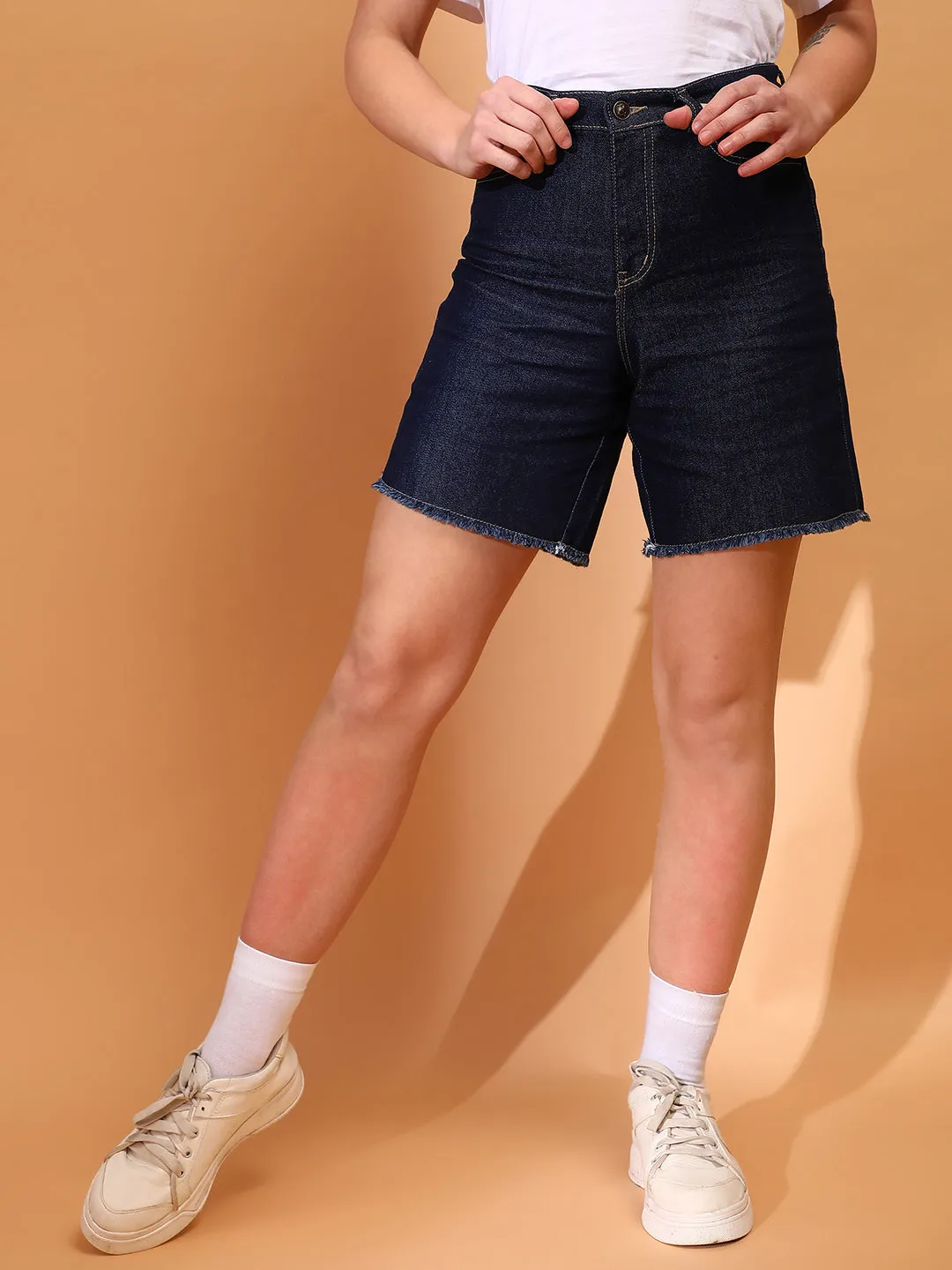 Women Denim Solid Dark Blue Shorts