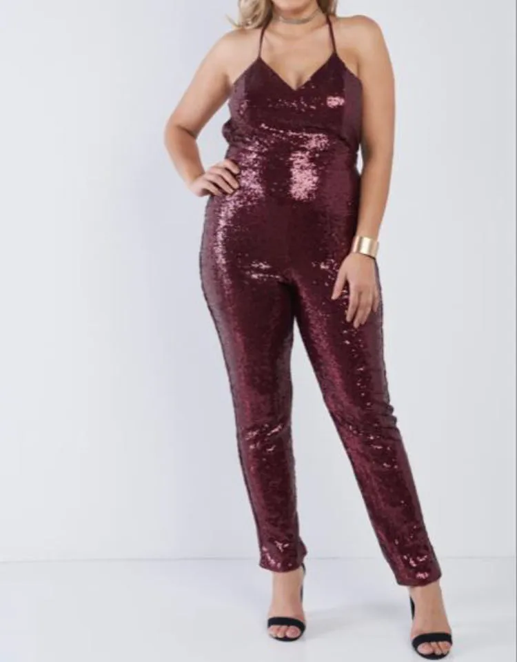 WOMEN PLUS SEQUINED JUMPSUIT BURGANDY