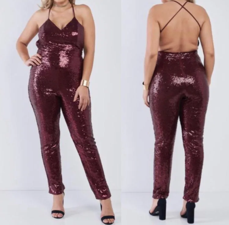 WOMEN PLUS SEQUINED JUMPSUIT BURGANDY