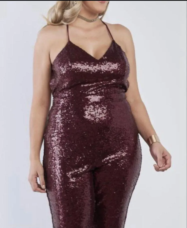 WOMEN PLUS SEQUINED JUMPSUIT BURGANDY