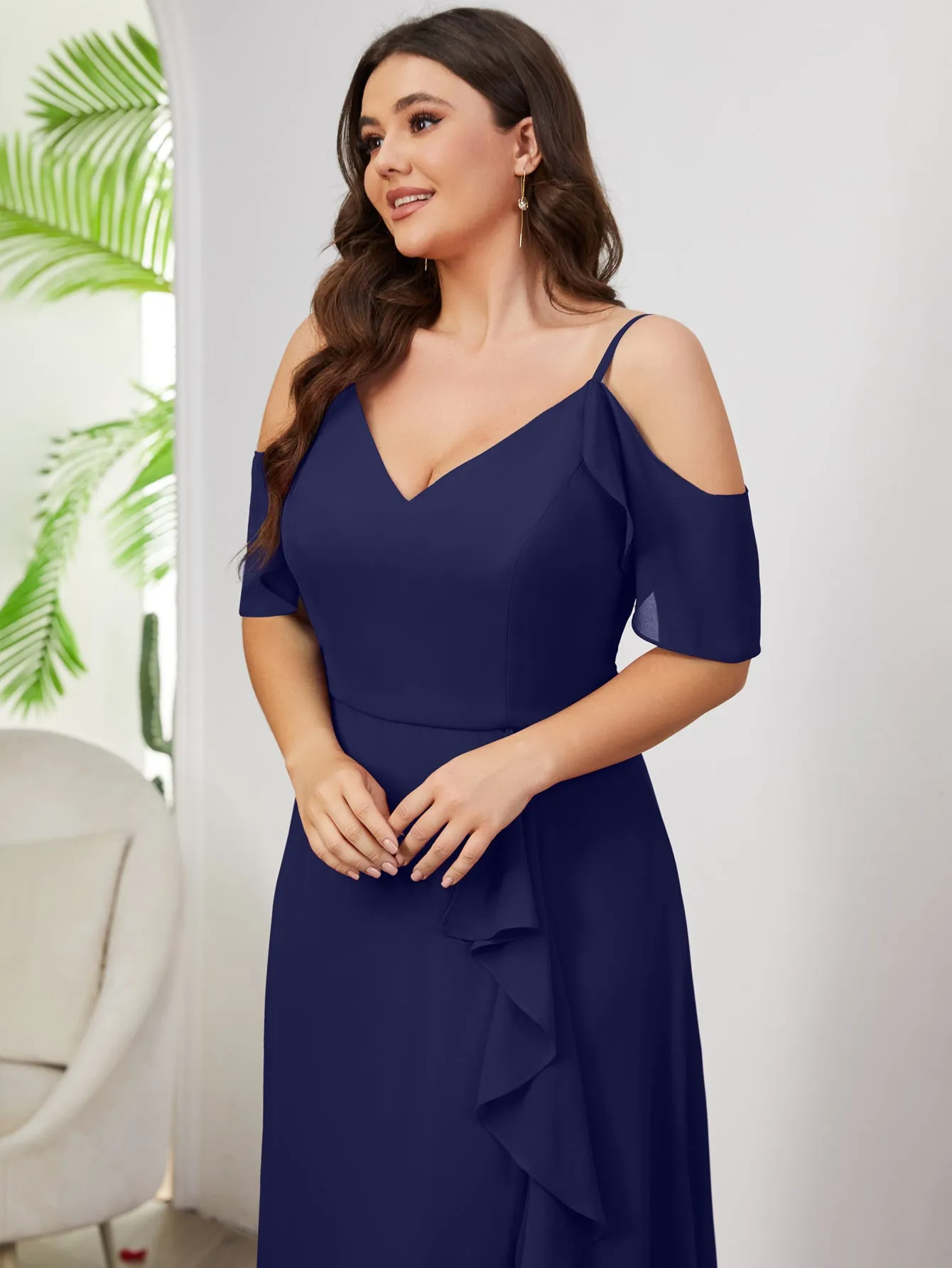 Women Plus Size Cold Shlouder Chiffon Bridesmaid Dresses