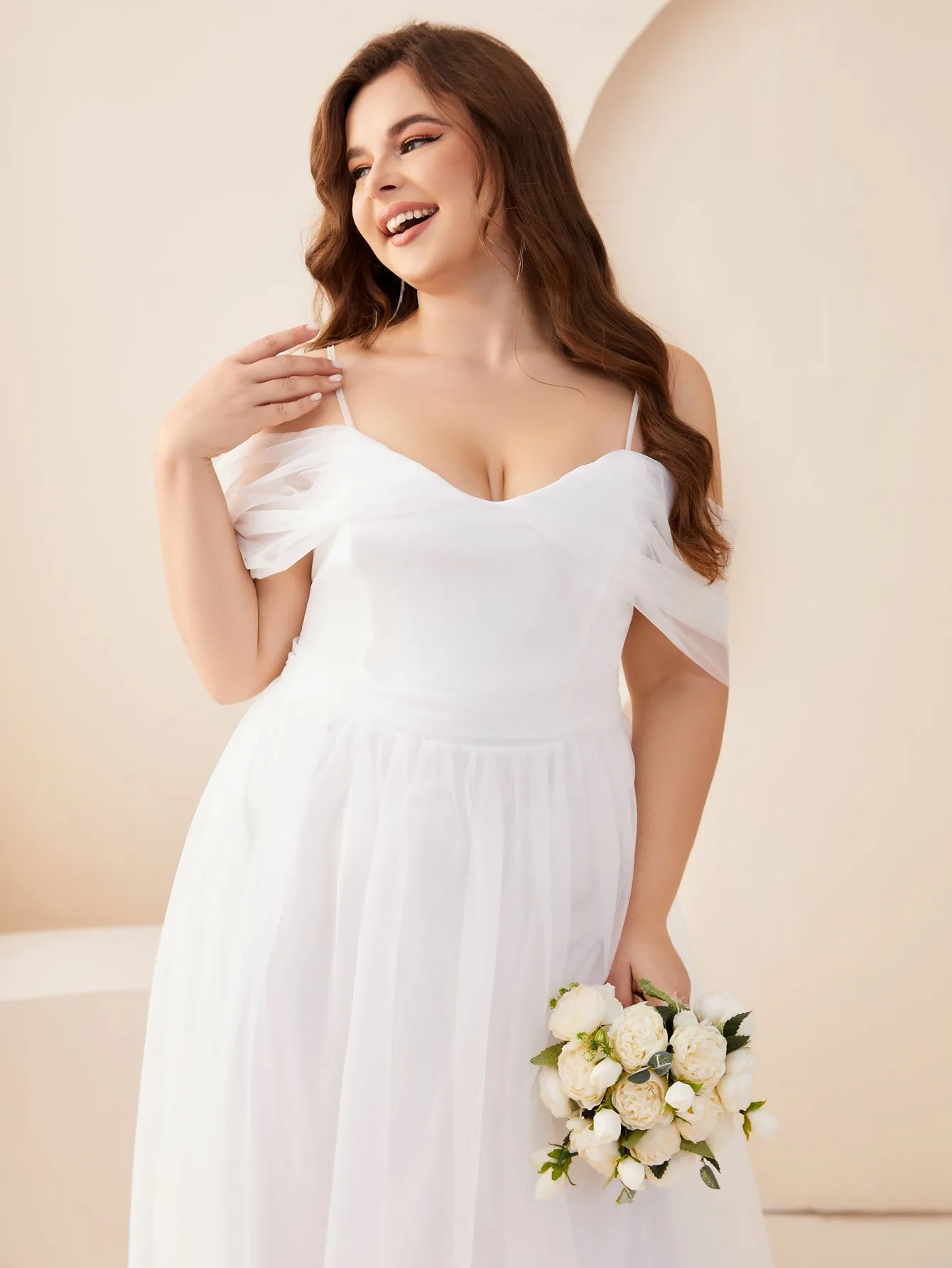 Women Plus Size Cold Shlouder Mesh Bridesmaid Dresses