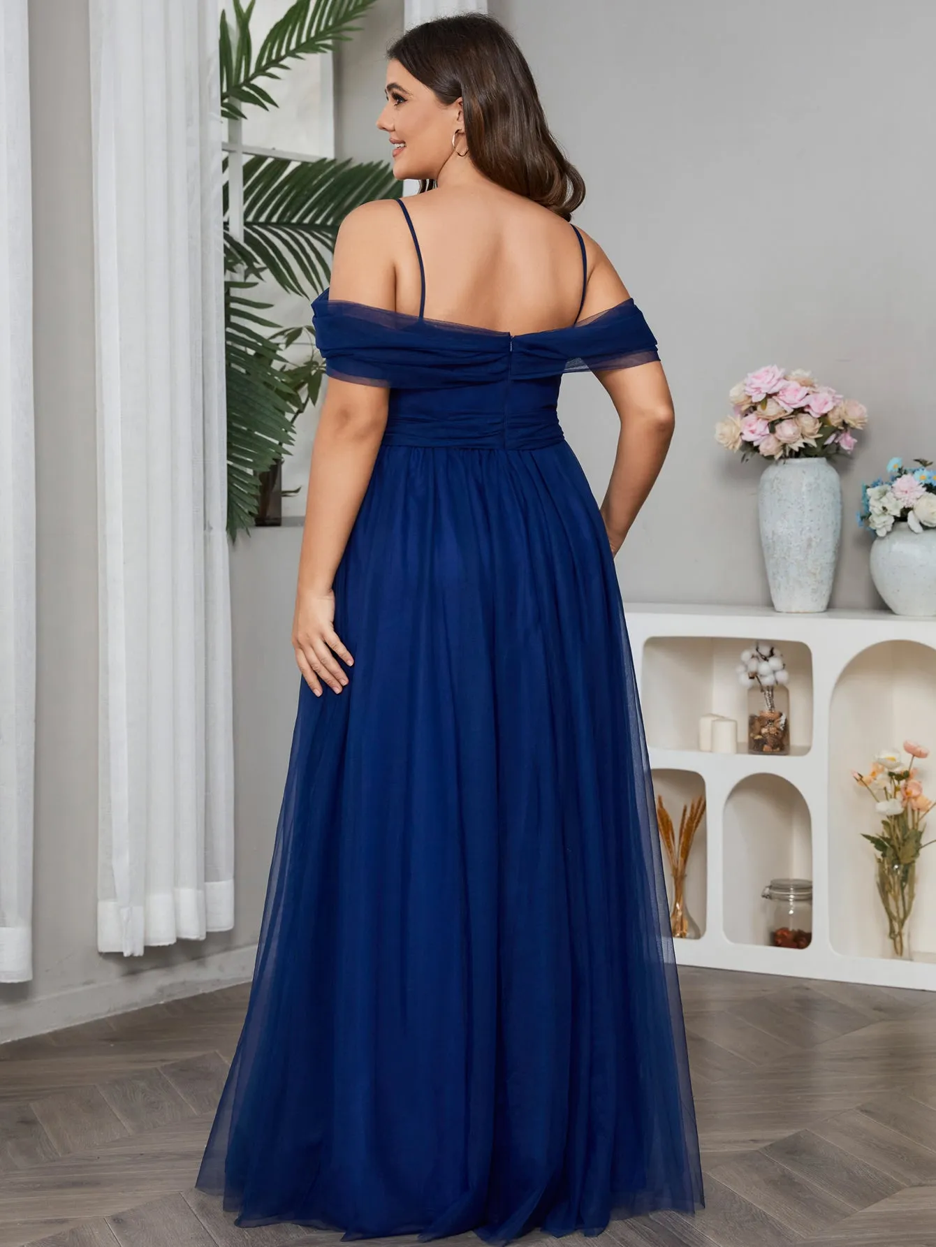 Women Plus Size Cold Shlouder Mesh Bridesmaid Dresses