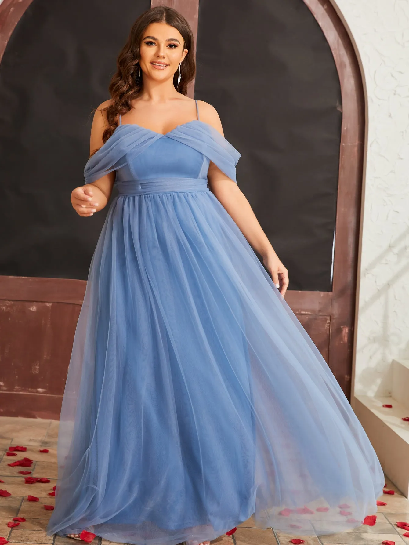 Women Plus Size Cold Shlouder Mesh Bridesmaid Dresses