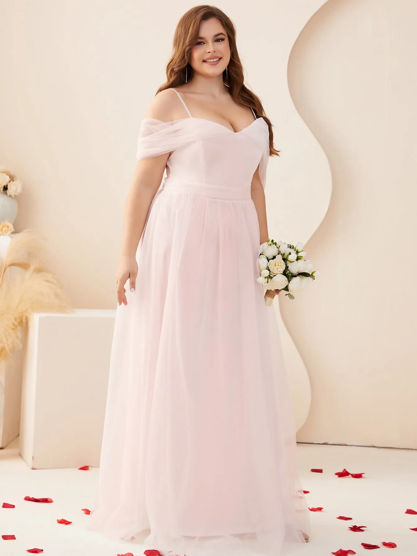 Women Plus Size Cold Shlouder Mesh Bridesmaid Dresses