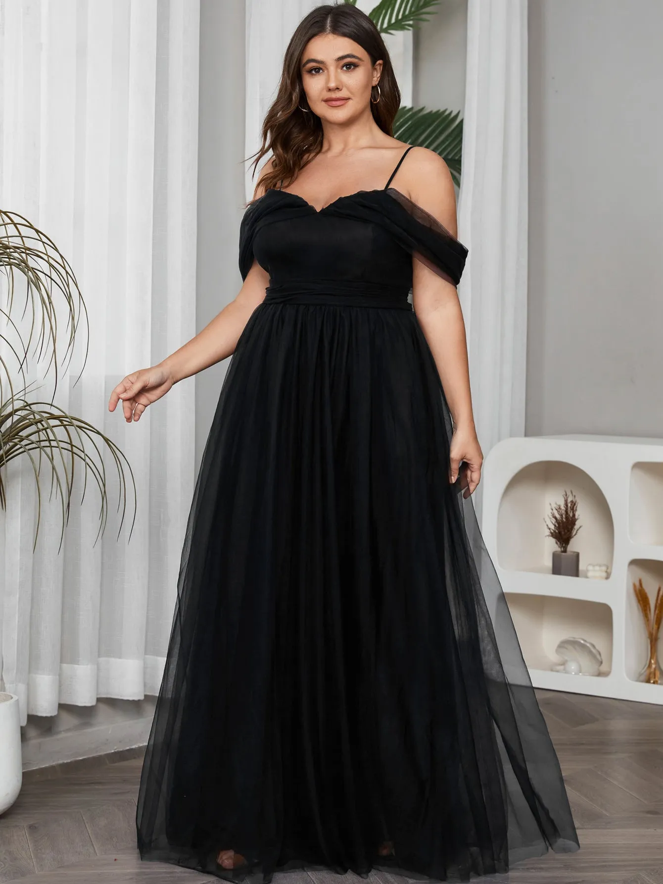 Women Plus Size Cold Shlouder Mesh Bridesmaid Dresses