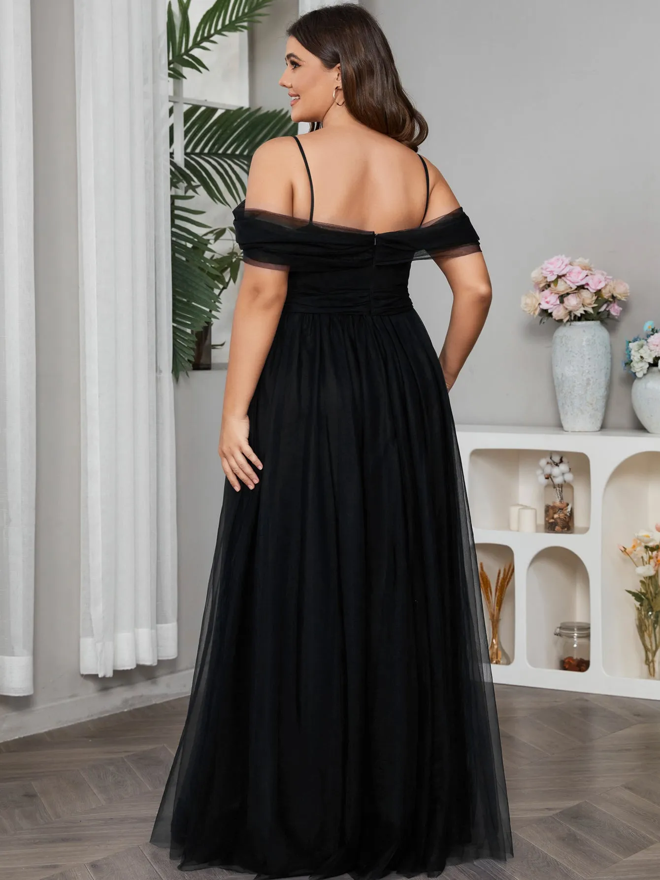 Women Plus Size Cold Shlouder Mesh Bridesmaid Dresses