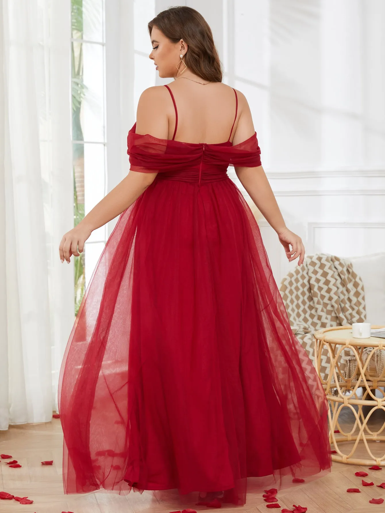 Women Plus Size Cold Shlouder Mesh Bridesmaid Dresses