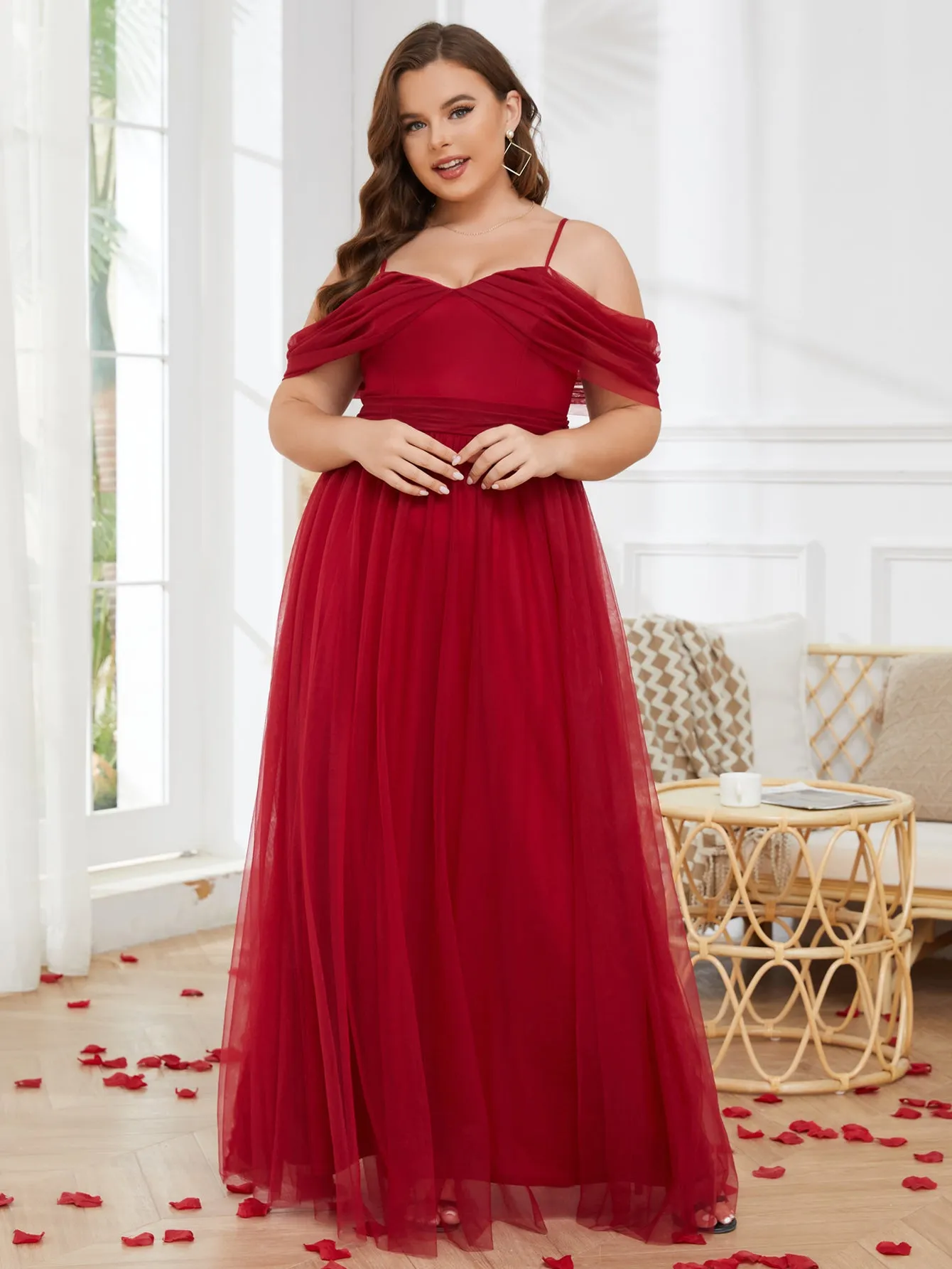 Women Plus Size Cold Shlouder Mesh Bridesmaid Dresses