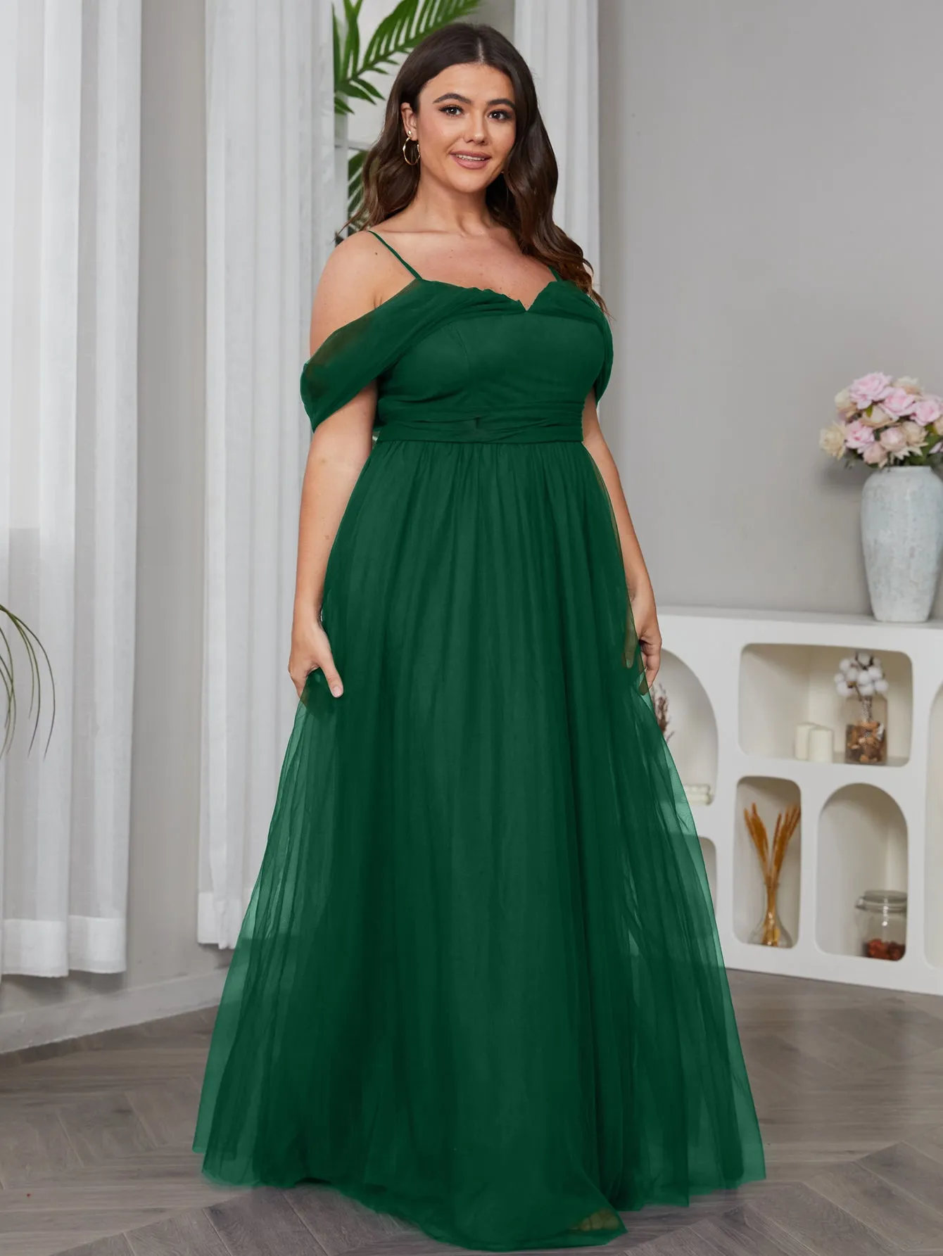 Women Plus Size Cold Shlouder Mesh Bridesmaid Dresses