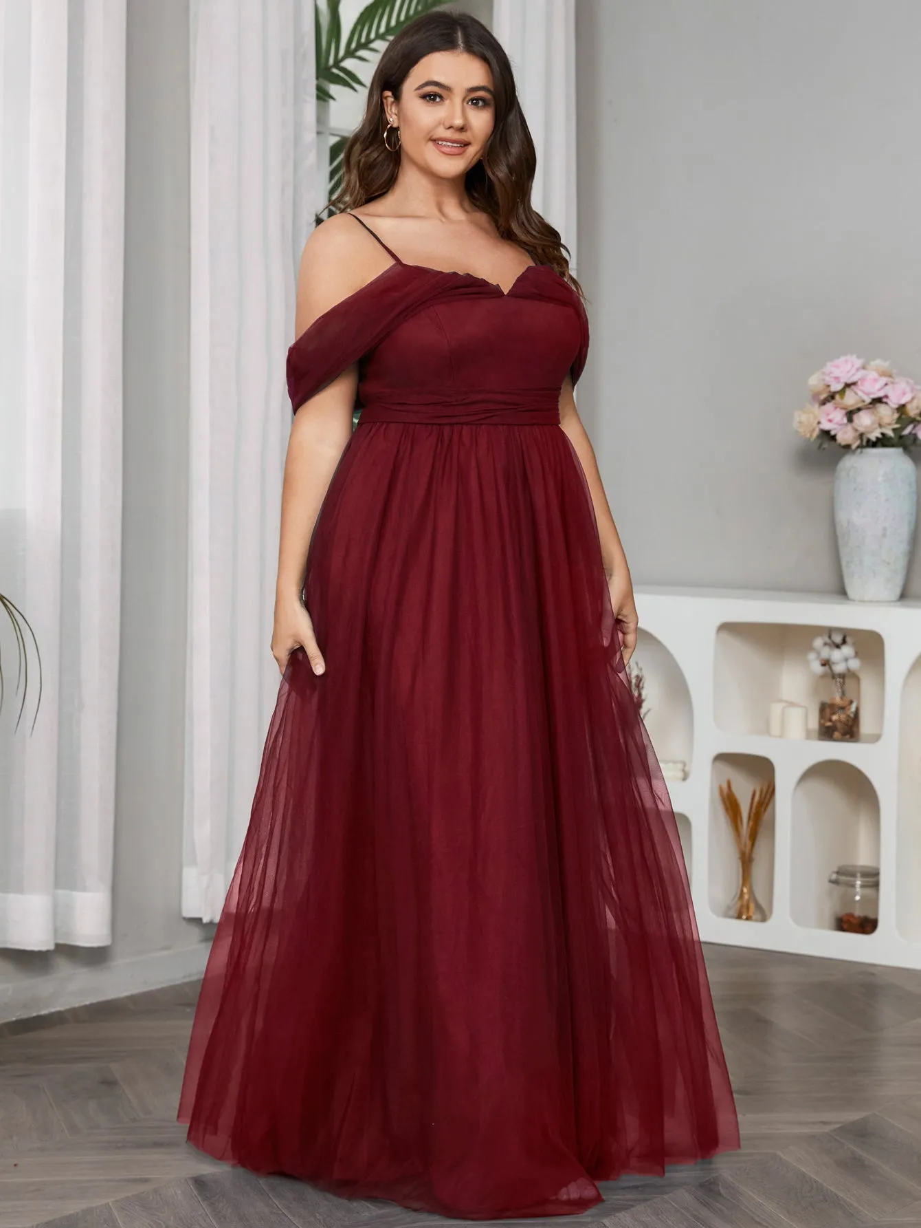 Women Plus Size Cold Shlouder Mesh Bridesmaid Dresses